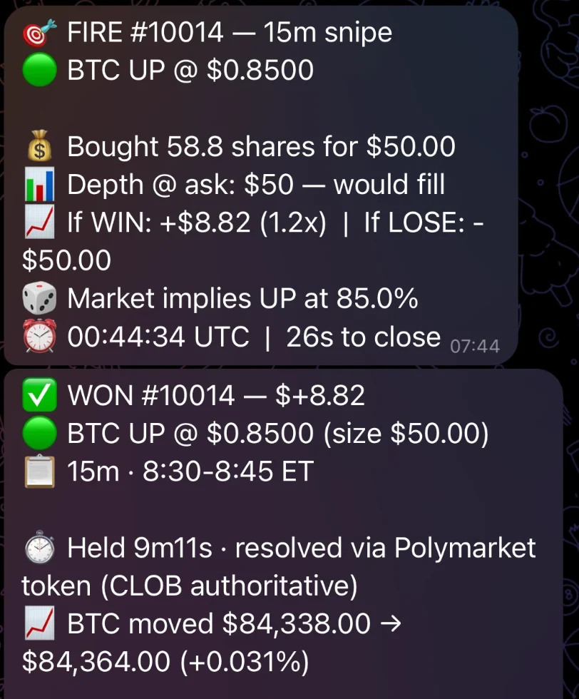 Alpha Sniper Telegram alerts: a live $50 BTC UP trade bought at 0.85 with 26 seconds left, won +$8.82